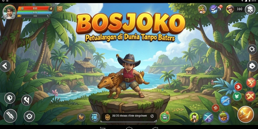 Screenshot gameplay <strong>BOSJOKO</strong> menampilkan aksi penuh petualangan dan keindahan alam.