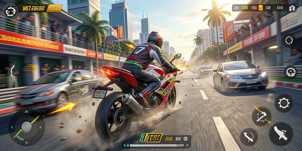 Screenshot gameplay G668 menunjukkan balapan motor yang seru.
