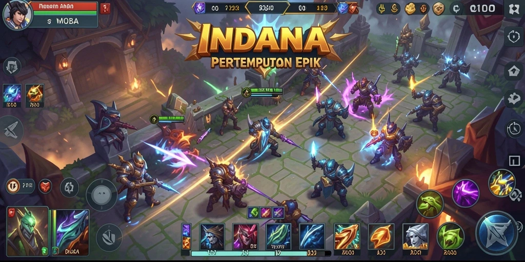 Tampilan gameplay MOBA yang intens dan menarik di INDAAA.
