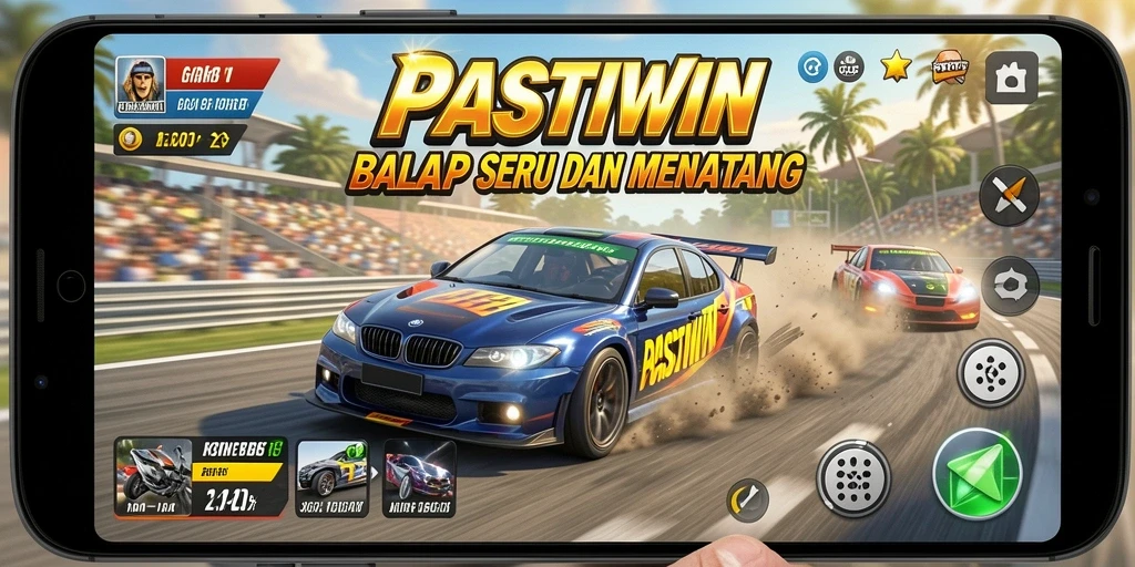 Tampilan gameplay menarik dengan mobil balap yang melaju cepat.